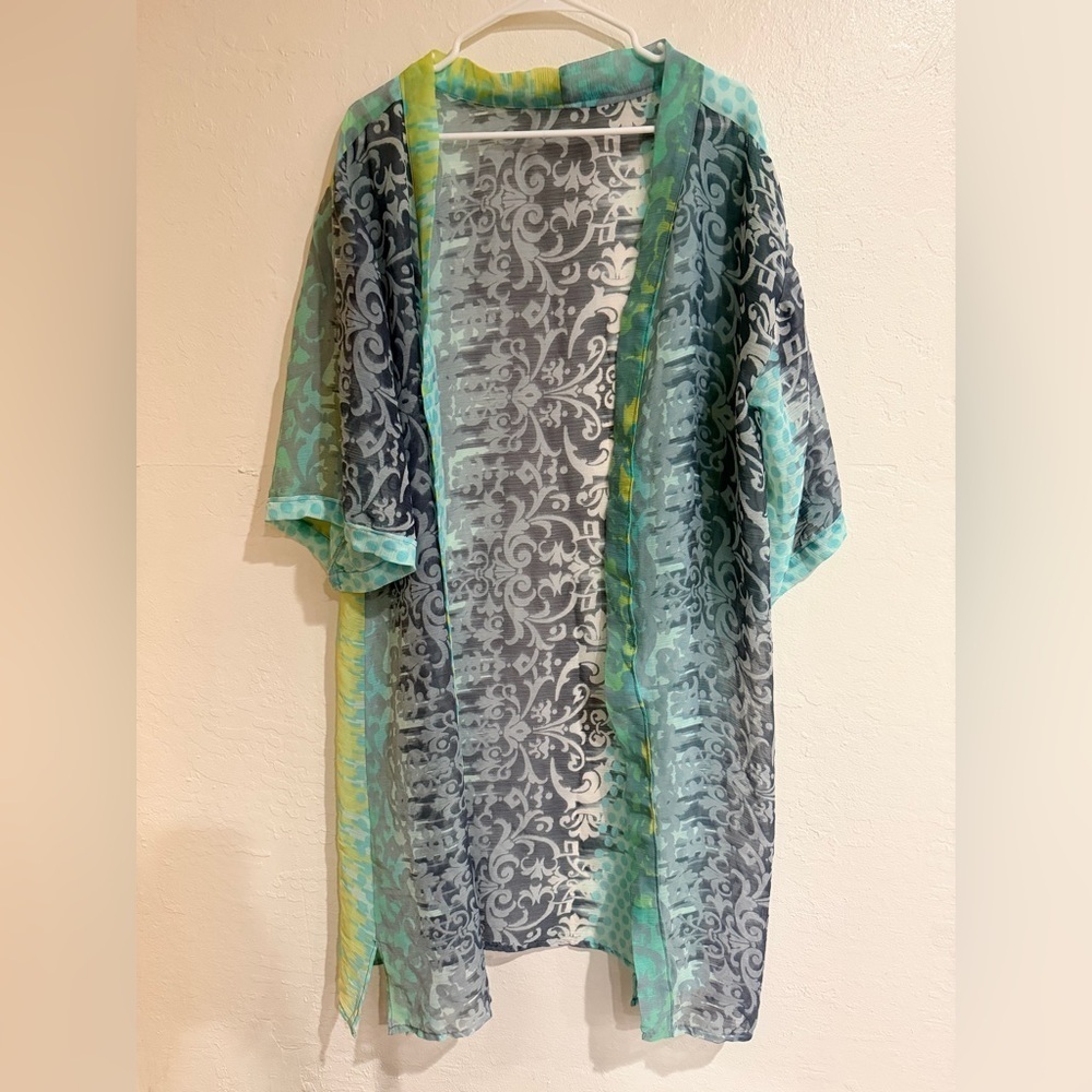 Sheer Blue and Green Art Kimono with Graphic Design One Size Fits All